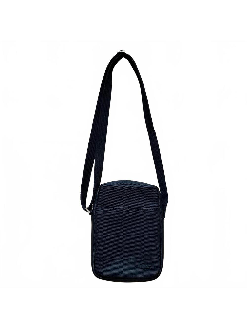 Lacoste Classic Crossbody Bag Embossed Adjustable Strap Pockets Pique Black Men